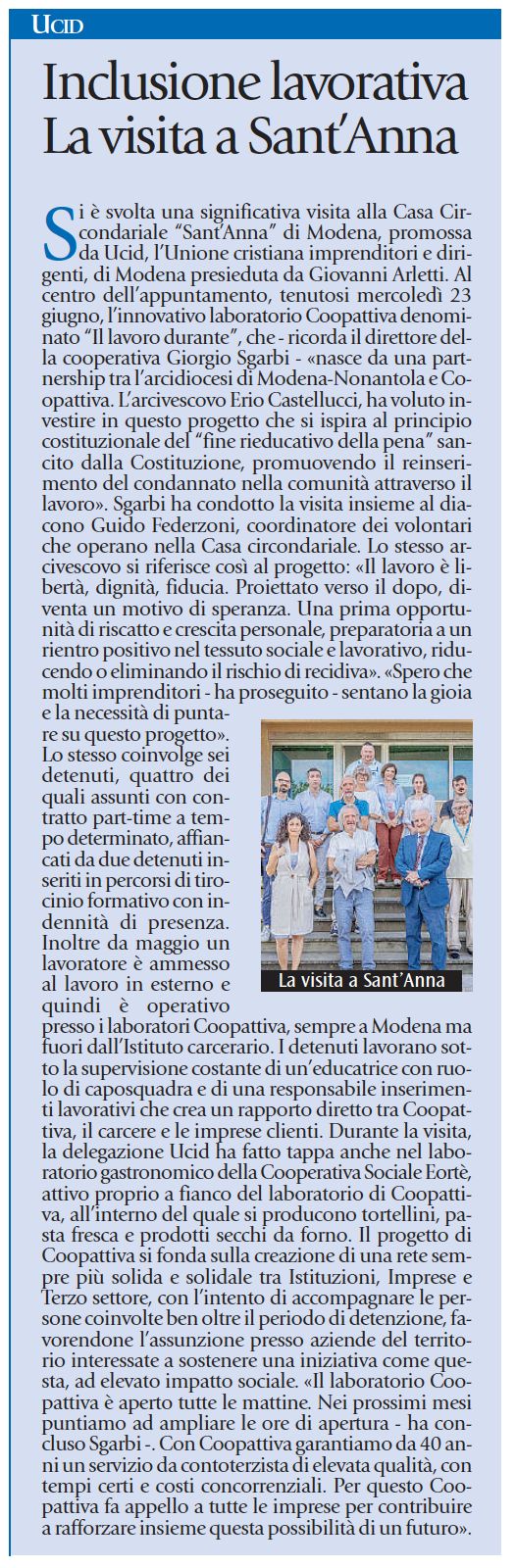 settimanale Nostro Tempo - articolo visita Ucid al laboratorio Coopattiva nel carcere di Modena